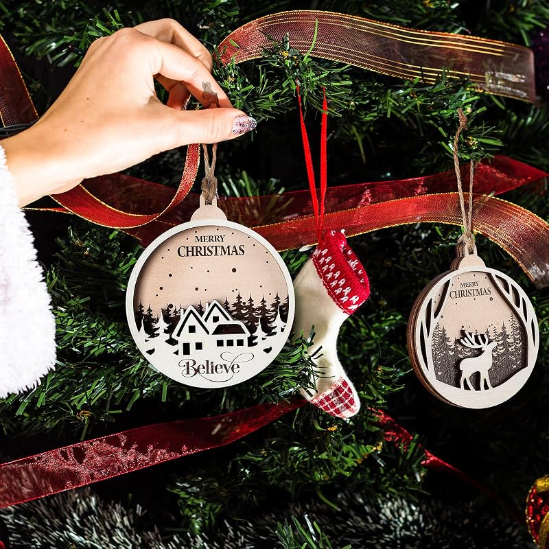 Jetec 6 Pcs Rustic Christmas Ornaments – Round Wooden Deer Forest Decor (Variation: Round Style)