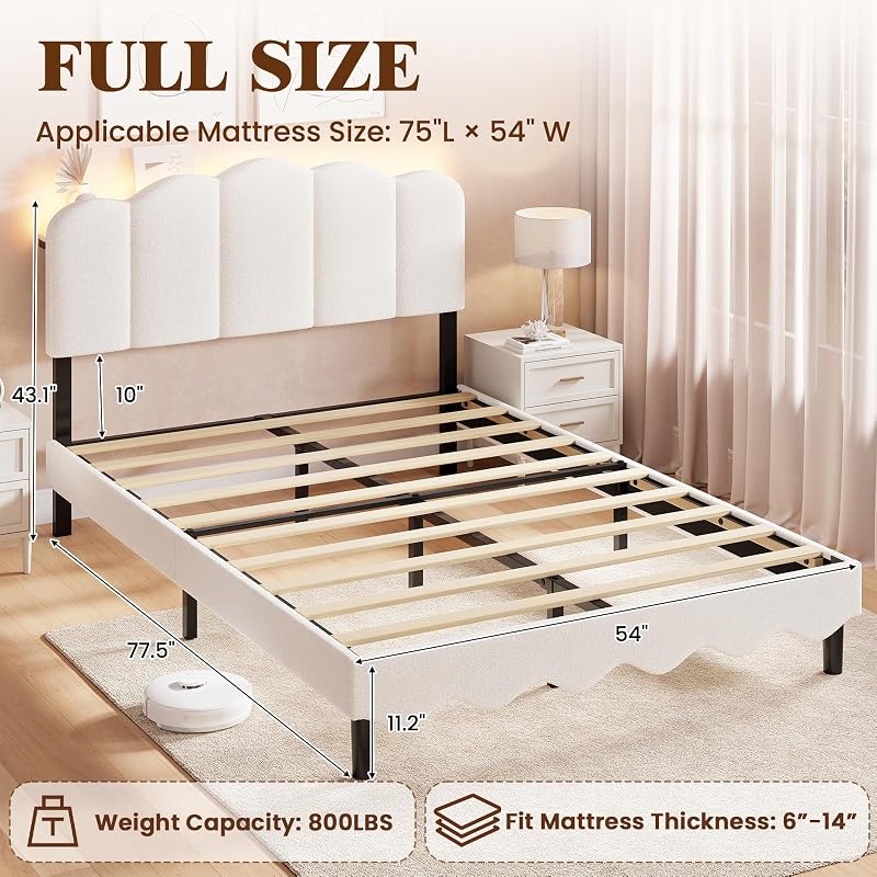 Full Size Storage Headboard Bed Frame with LED Lights, Beige - Variation: Beige+Full