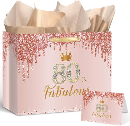 Yoirrat Rose Gold 80th Birthday Gift Bag - Large Pink Design with Wrapping Paper & Card for Women