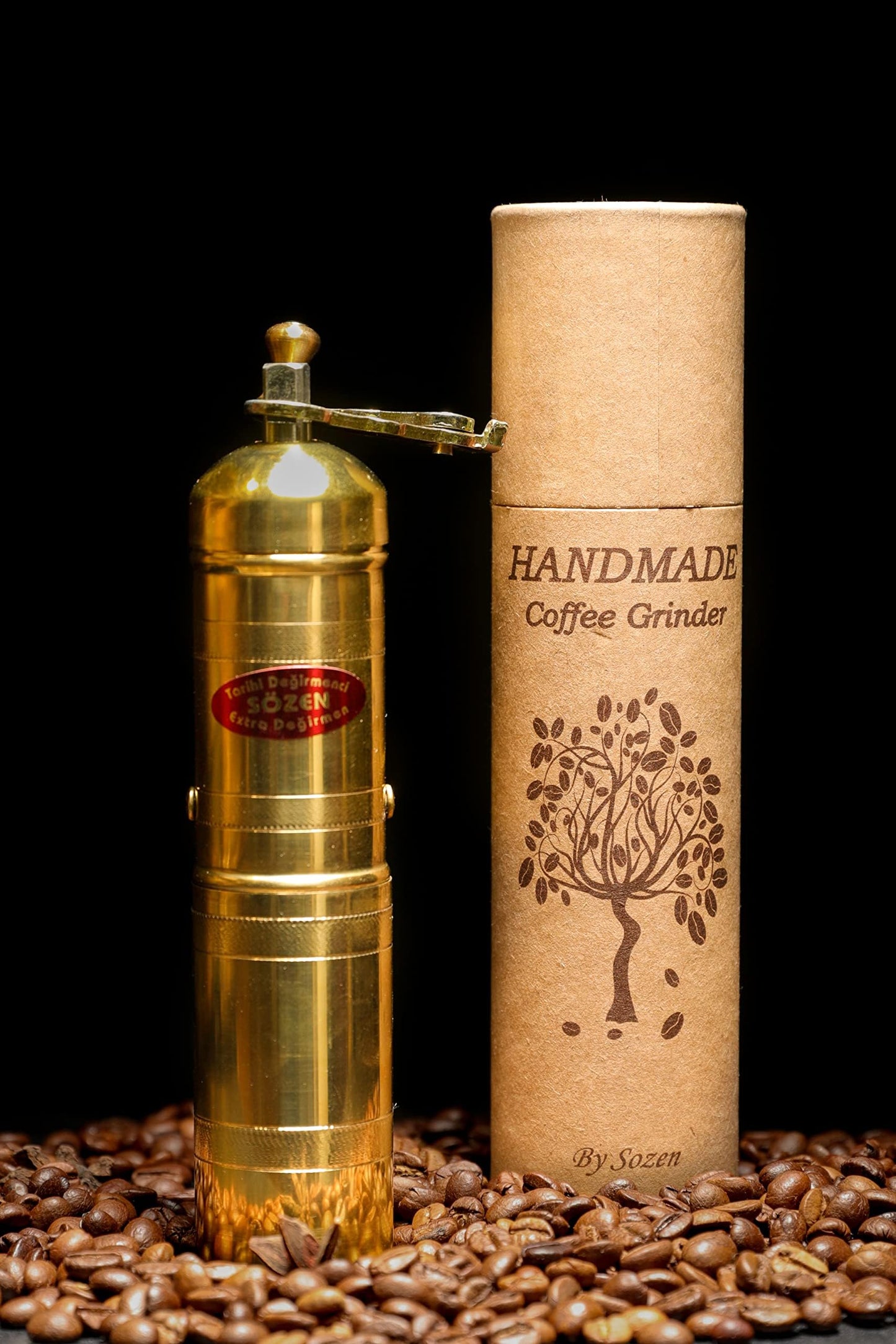 Sozen 7" Handmade Manual Brass Coffee Mill Grinder, Adjustable Portable Conical Burr Mill, Hand Crank Grinder for Turkish Coffee