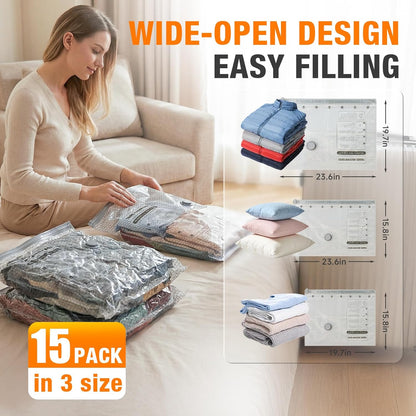 Skiennix Space Saver Vacuum Storage Bags - Portable Electric Pump Included | 15 Combo Set (5L/5M/5S) for Travel & Home