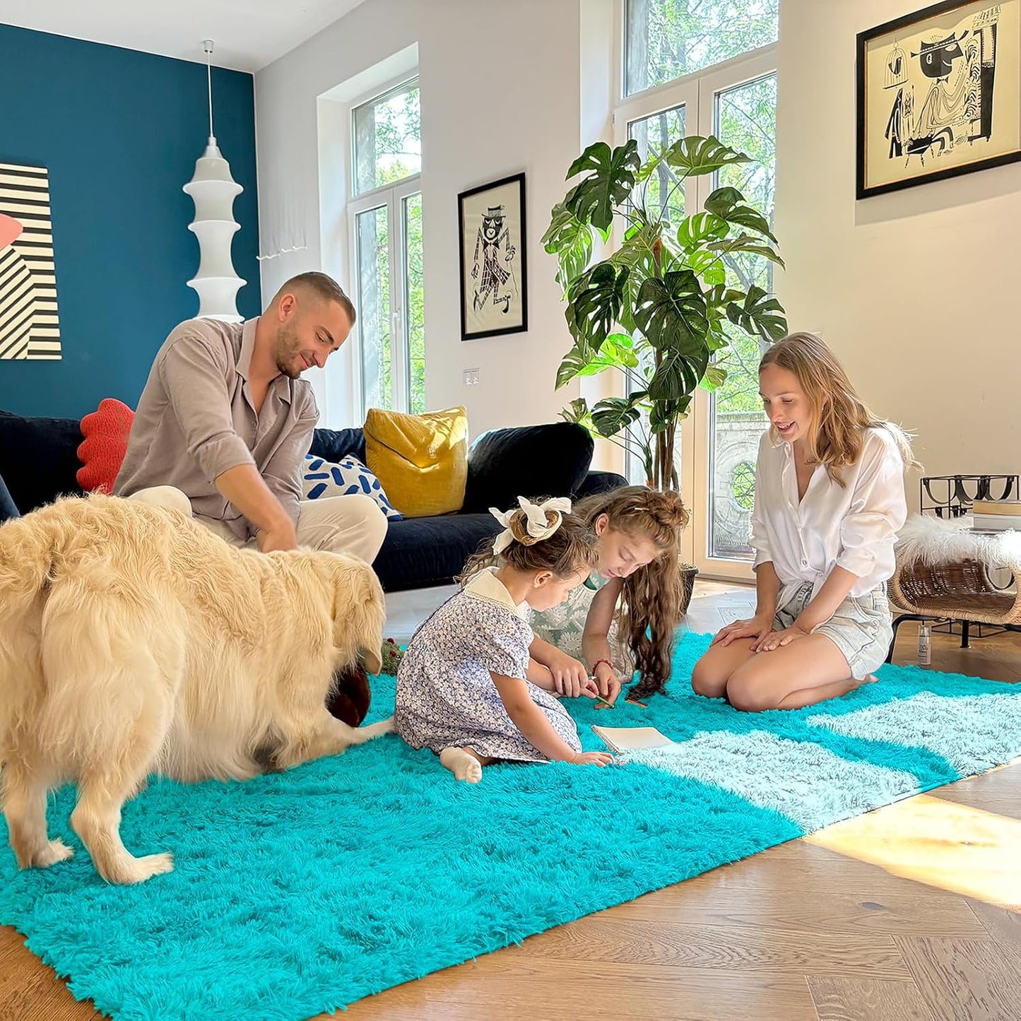 OLANLY Area Rugs - Soft Fluffy Shaggy Indoor Carpet for Living Room & Bedroom | 4x5.9 ft Teal Blue