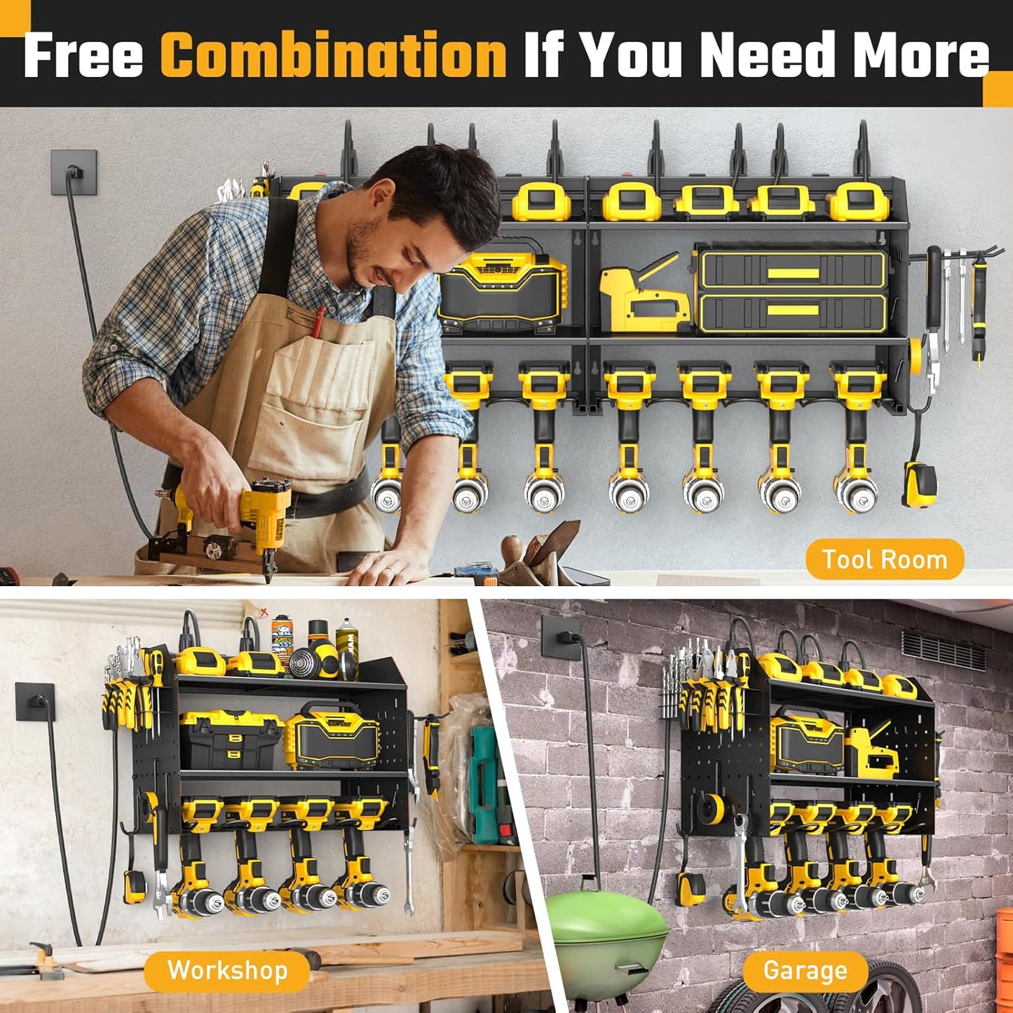 ZESEN Power Tool Organizer - 3-Layer Wall Mount Charging Station with 6 Outlets & Drill Holders | Black