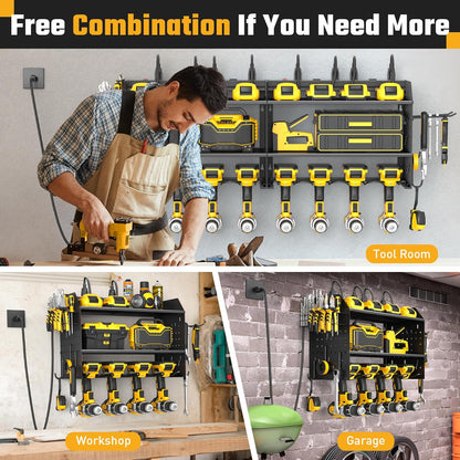 ZESEN Power Tool Organizer - 3-Layer Wall Mount Charging Station with 6 Outlets & Drill Holders | Black