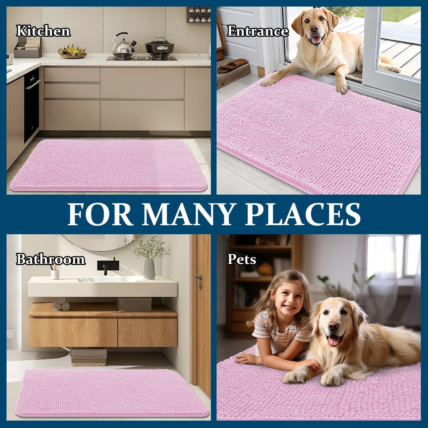 OLANLY Dog Door Mat - Absorbent Non-Slip Washable Doormat for Muddy Paws | 40x32 Pink Chenille Mat