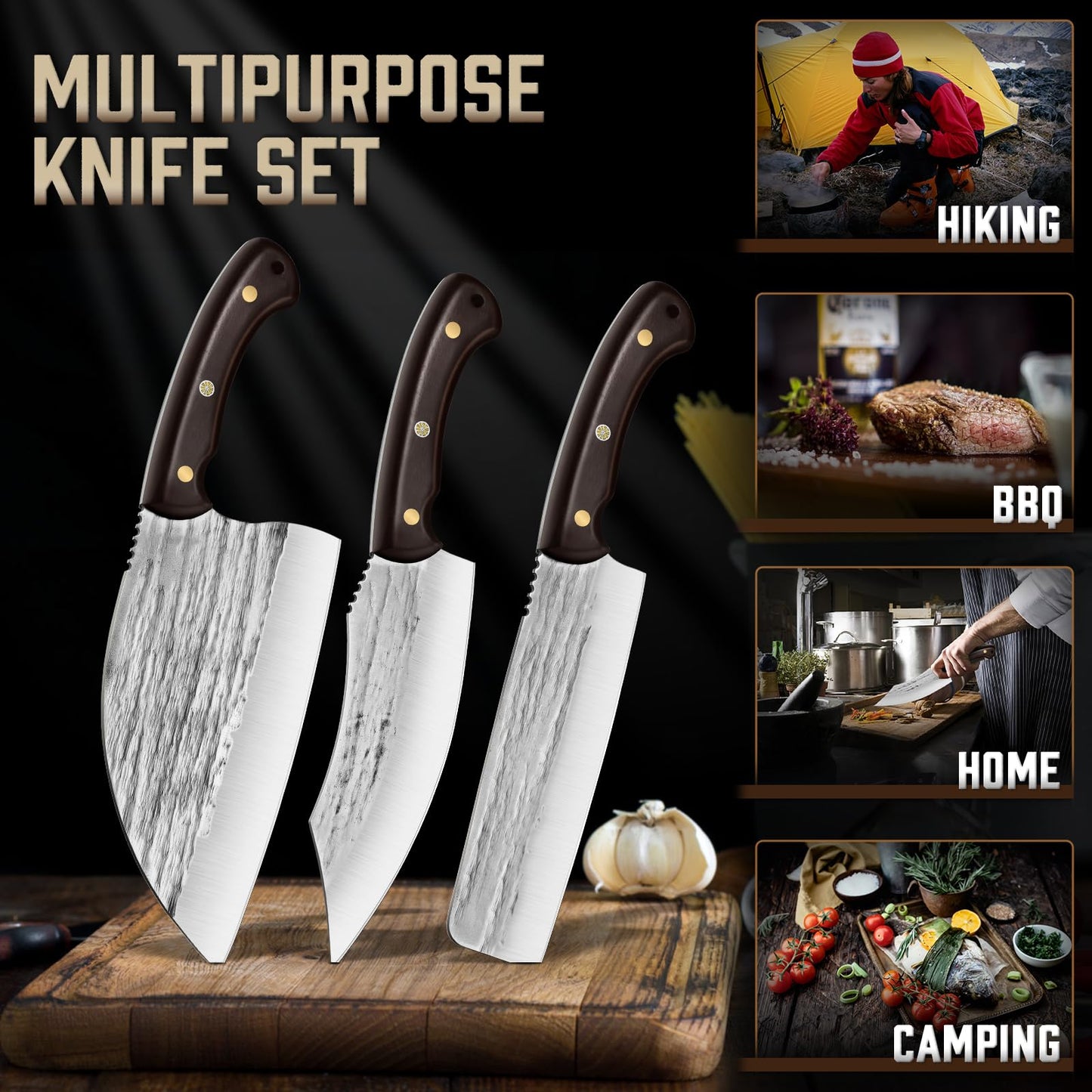 TIJERAS Butcher Knife Set, 3PCS Hand Forged Chef Knife Set, Serbian Chef Knife & Meat Cleaver Knife & Nakiri Knife, BBQ Knife Set for Meat Cutting, Japanese Men Camping Knife Set for Cooking