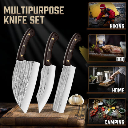 TIJERAS Butcher Knife Set, 3PCS Hand Forged Chef Knife Set, Serbian Chef Knife & Meat Cleaver Knife & Nakiri Knife, BBQ Knife Set for Meat Cutting, Japanese Men Camping Knife Set for Cooking