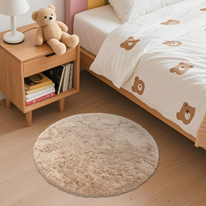 OLANLY Round Beige Area Rug - Soft, Machine Washable 2 ft Circle Carpet for Bedroom & Living Room Decor