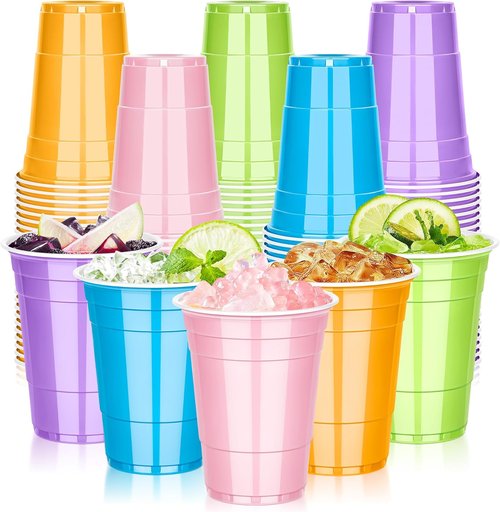 KesaPlan 100 Pack 16 OZ Pastel Rainbow Plastic Cups - Colorful Disposable Drinking Cups for Parties & Events