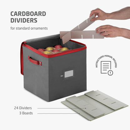 ZOBER Christmas Ornament Storage Box - Durable Organizer for 64 3" Ornaments - Gray with Dividers