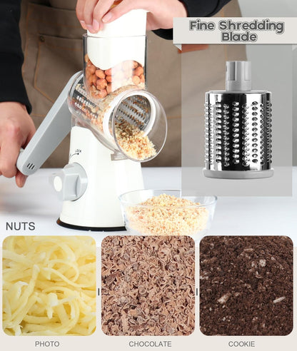Ourokhome Rotary Cheese Grater - Hand Crank Kitchen Shredder with 3 Blades for Cheese, Vegetables & Nuts - White