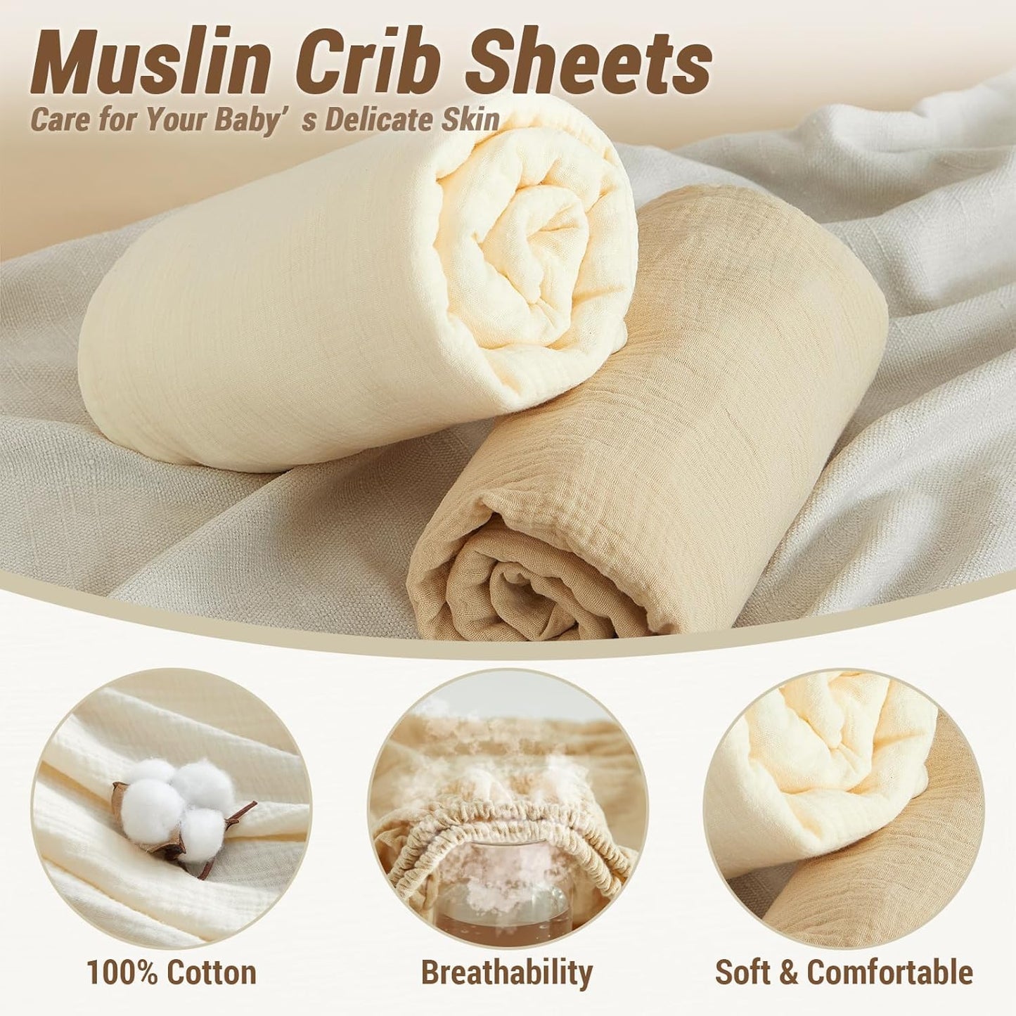 Bailix Heavyweight Muslin Baby Crib Sheets - 2PCS Neutral Fitted 100% Organic Cotton | Soft & Breathable (Cream, Coffee)
