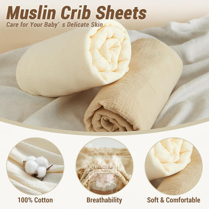 Bailix Heavyweight Muslin Baby Crib Sheets - 2PCS Neutral Fitted 100% Organic Cotton | Soft & Breathable (Cream, Coffee)