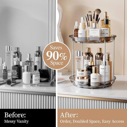 Delamu 2-Tier Rotating Makeup Organizer - Large Capacity Skincare & Perfume Holder | Grey