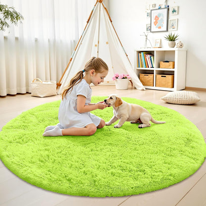 OLANLY Lime Green Round Rug - Soft, Fluffy Shaggy Carpet | 5 ft Machine Washable Area Rug for Bedroom & Living Room Decor