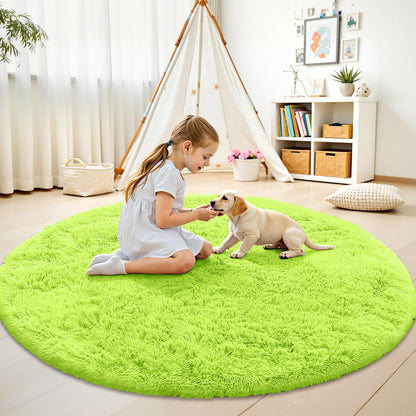 OLANLY Lime Green Round Rugs for Bedroom - Machine Washable, 5 ft Circle Area Rugs for Living Room, Soft and Fluffy Shaggy Carpet for Teen Girl and Boys, Nursery Rooms, Dorms, Home Decor Aesthetic