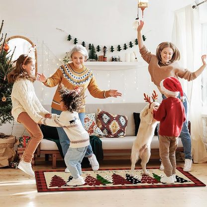 Christmas Kitchen Floor Mats 2-Pack Non-Slip 17x30 & 17x47 Red with Tree Print - Holiday Rug Set