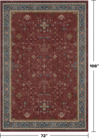 Vintage Burgundy Boho Dining Room Rug - Lightweight Washable 6x9 Low Pile Carpet | Southwestern Aesthetic
