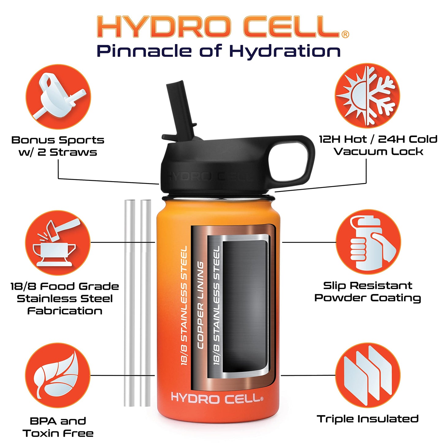 HYDRO CELL Stainless Steel Insulated Water Bottle with Straw - For Cold & Hot Drinks - Metal Vacuum Flask with Screw Cap and Modern Leakproof Sport Thermos for Kids & Adults (Red/Orange 14oz)