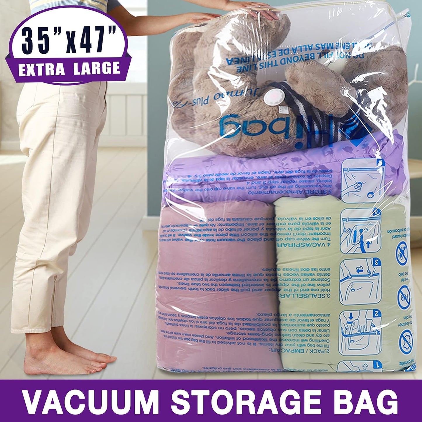 XXL Jumbo Vacuum Storage Bags by [Brand Name] - 47''X35'' Space Saver for Blankets, Bedding & Comforters (6 Pack)