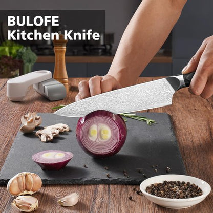 BULOFE 8 Inch Chef Knife, Kitchen Knife with Sharpener and Finger Guard, Professional Steel Sharp Chef's Knife Set with Ergonomic Handle, Gifts for Mom/Dad, Black