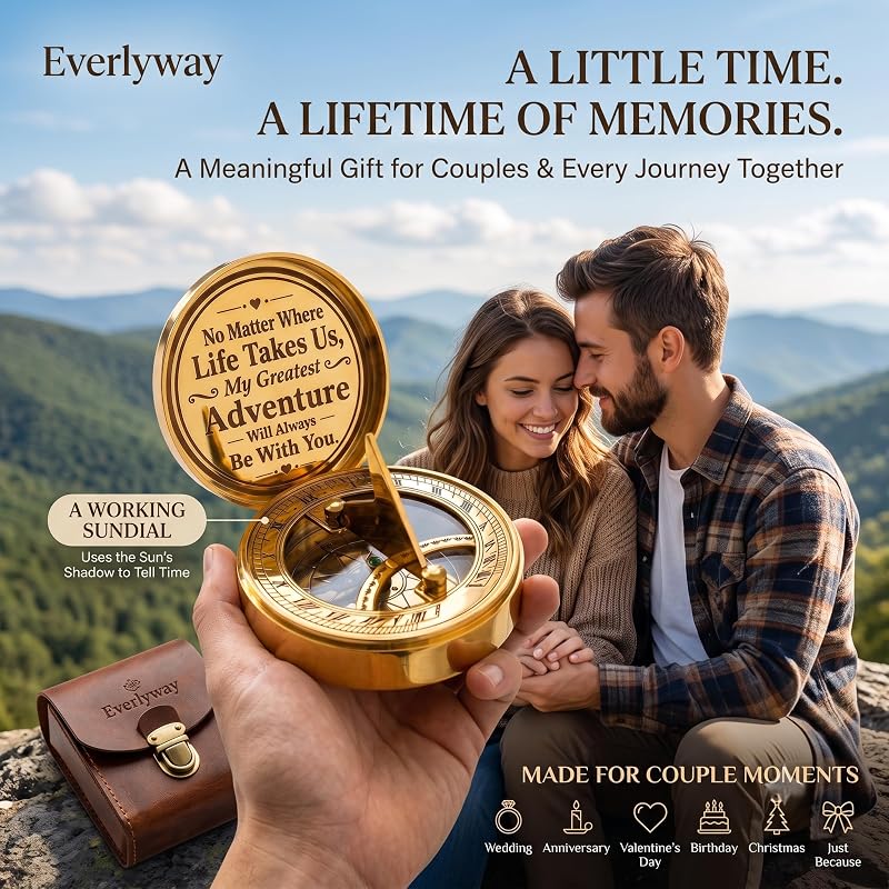Brass Sundial Clock & Compass Set in Leather Case – Engraved Nautical Gift for Anniversary, Husband & Wife