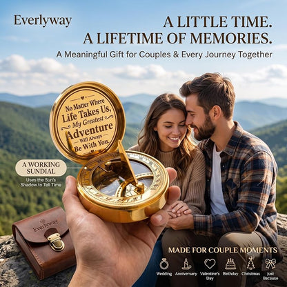 Brass Sundial Clock & Compass Set in Leather Case – Engraved Nautical Gift for Anniversary, Husband & Wife