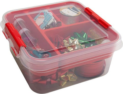 Gift Supply Storage Box by Simplify - 5 Compartment Design with Clear Top Lid | 2-Tier Red Box | 9.5” x 9.5” x 4.5”