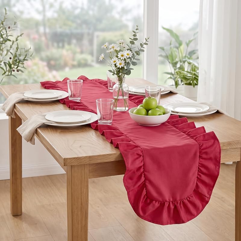 SoarDream Red Christmas Satin Ruffle Table Runner 14x118 Inch - 1 Pack