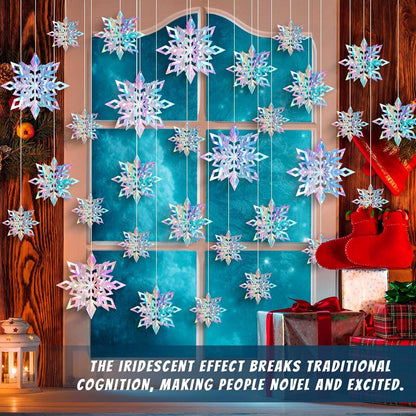 Skiennix 15PCS Christmas Hanging Snowflakes - 3D Iridescent Paper Ornaments for Winter Decor