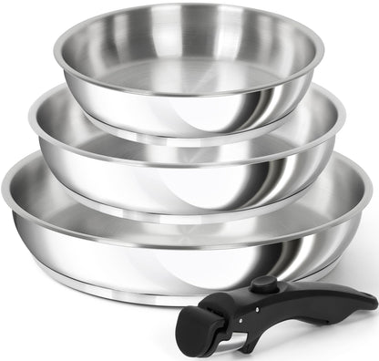 MICHELANGELO Stainless Steel Frying Pan Set, Cooking Pans with Removable Handle, Triply Base Stainless Steel Pan Set, Induction Compatible Skillet- 8" & 9.5" & 11"