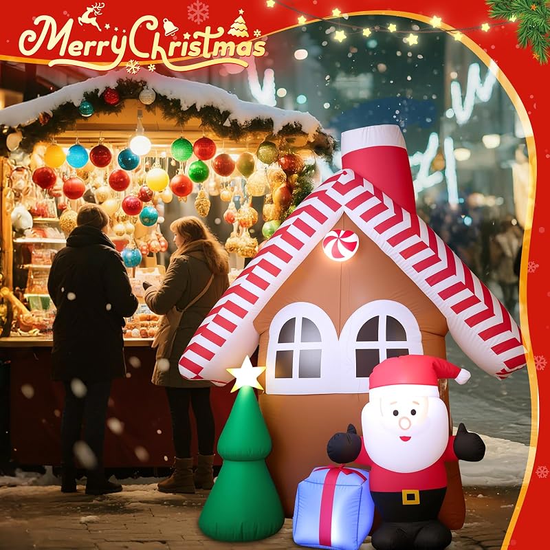 7 Ft Christmas Inflatable Candy House with Santa, Tree & Gift Box – Built-in LED Lights