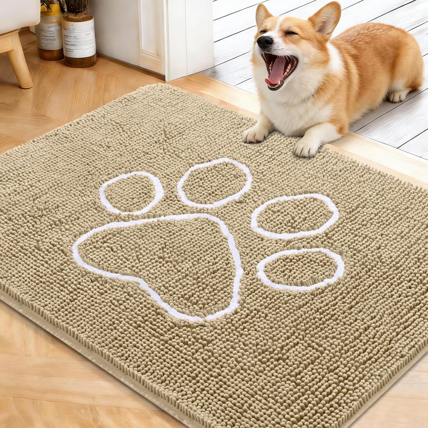 OLANLY Dog Door Mat - Absorbent Non-Slip Mud Mat for Muddy Paws | 40x32 Paw Print Design in Beige