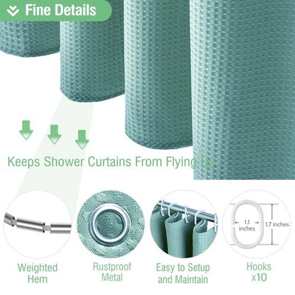 Dynamene 60 inch Stall Shower Curtain - Waffle Weave Heavy Duty Thick Fabric Shower Curtains for Bathroom,Weighted Hotel Spa Luxury Cloth Bath Curtain Set with 10 Plastic Hooks,60x72, Teal/Turquoise