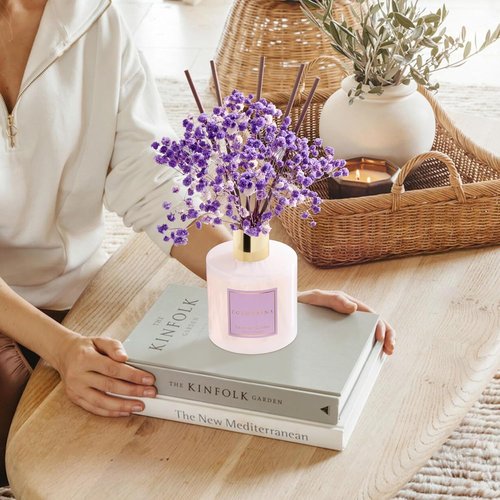 Cocorrína Reed Diffuser - Lavender Garden 6.7 Fl. Oz Set with Sticks & Preserved Baby's Breath | Home Decor