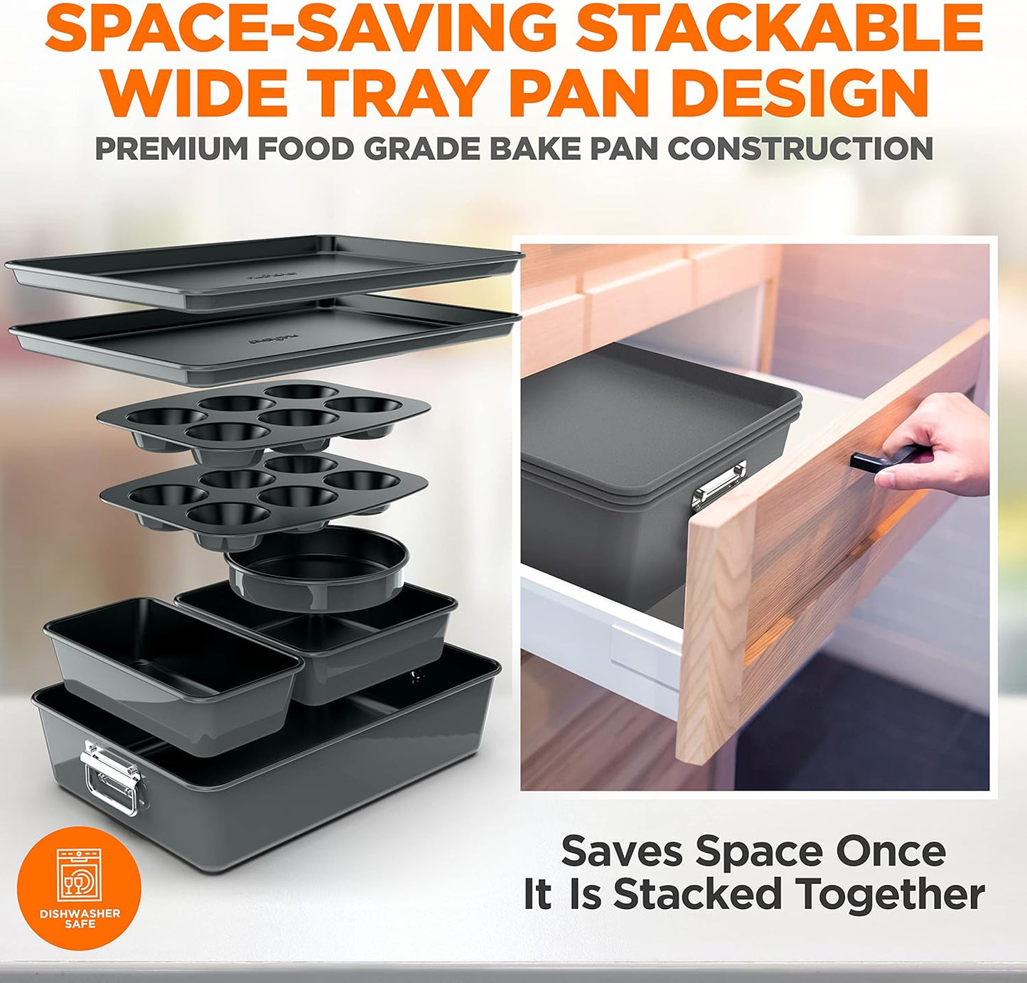 NutriChef 8-Piece Nonstick Bakeware Set - PFOA-Free Baking Pans for Cakes, Muffins & Cookies | Oven Safe to 450°F (Gray)