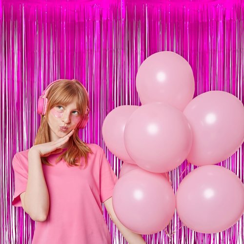 GREATRIL Shiny Fuchsia Tinsel Foil Fringe Curtain - Hot Pink Party Streamers Backdrop | 3.2ft X 8.2ft - 2 Packs