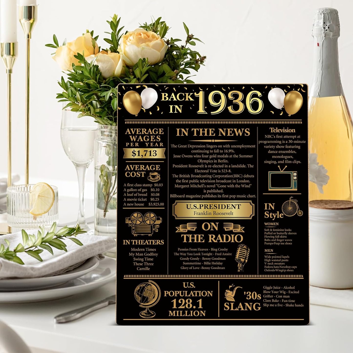Regine Switzerland 90th Birthday Party Decorations - Elegant Black and Gold Back in 1936 Poster Sign