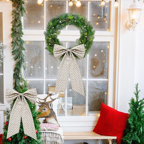 HunnmingRe Christmas Wreath Sash - 24 x 16 Inch Driftwood Block Print with Floral Burlap Bow - Beige