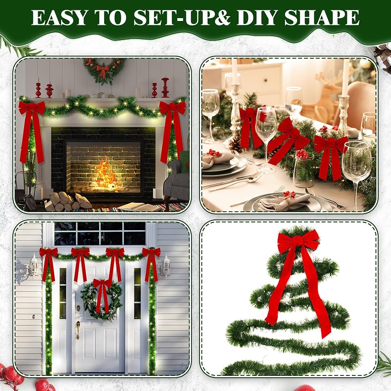 This listing: 50 ft Christmas Garland with Lights, 8 Red Velvet Bows - Classic Variation