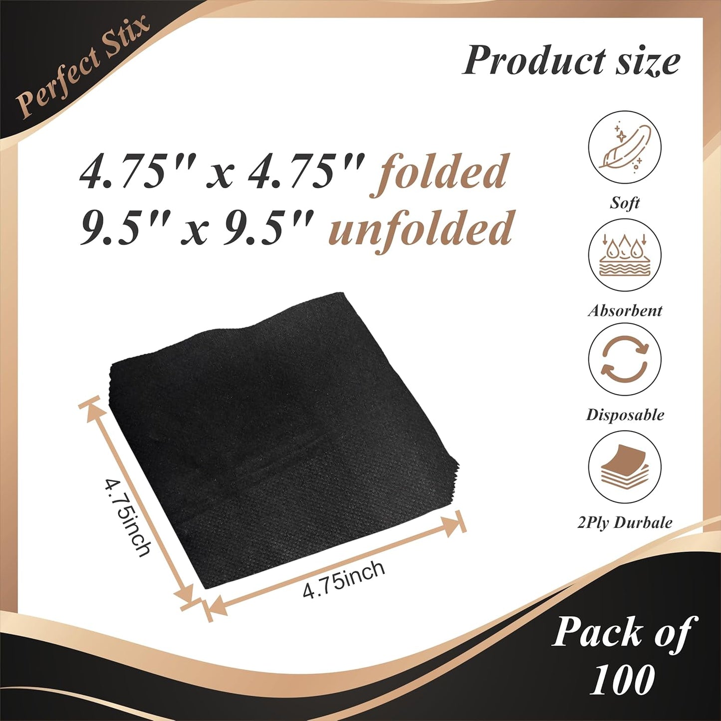 Perfect Stix - 2 Ply Black Napkin-100ct Paper Cocktail Beverage Napkins, 2-Ply, Black (Pack of 100)