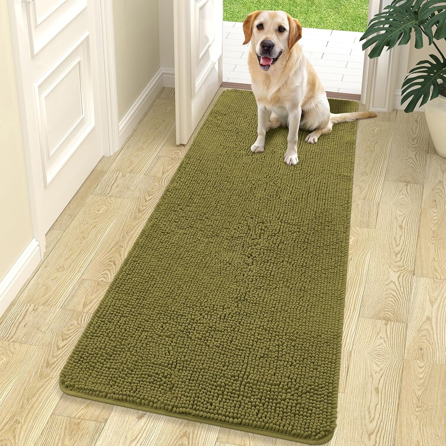 OLANLY Dog Door Mat - Absorbent Non-Slip Washable Doormat for Muddy Paws | 70x24 Inches, Willow Green