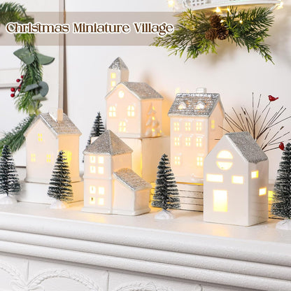 Zubebe 30 Pcs LED Christmas Village Set - Porcelain Holiday Figurines for Indoor Decor | Silver