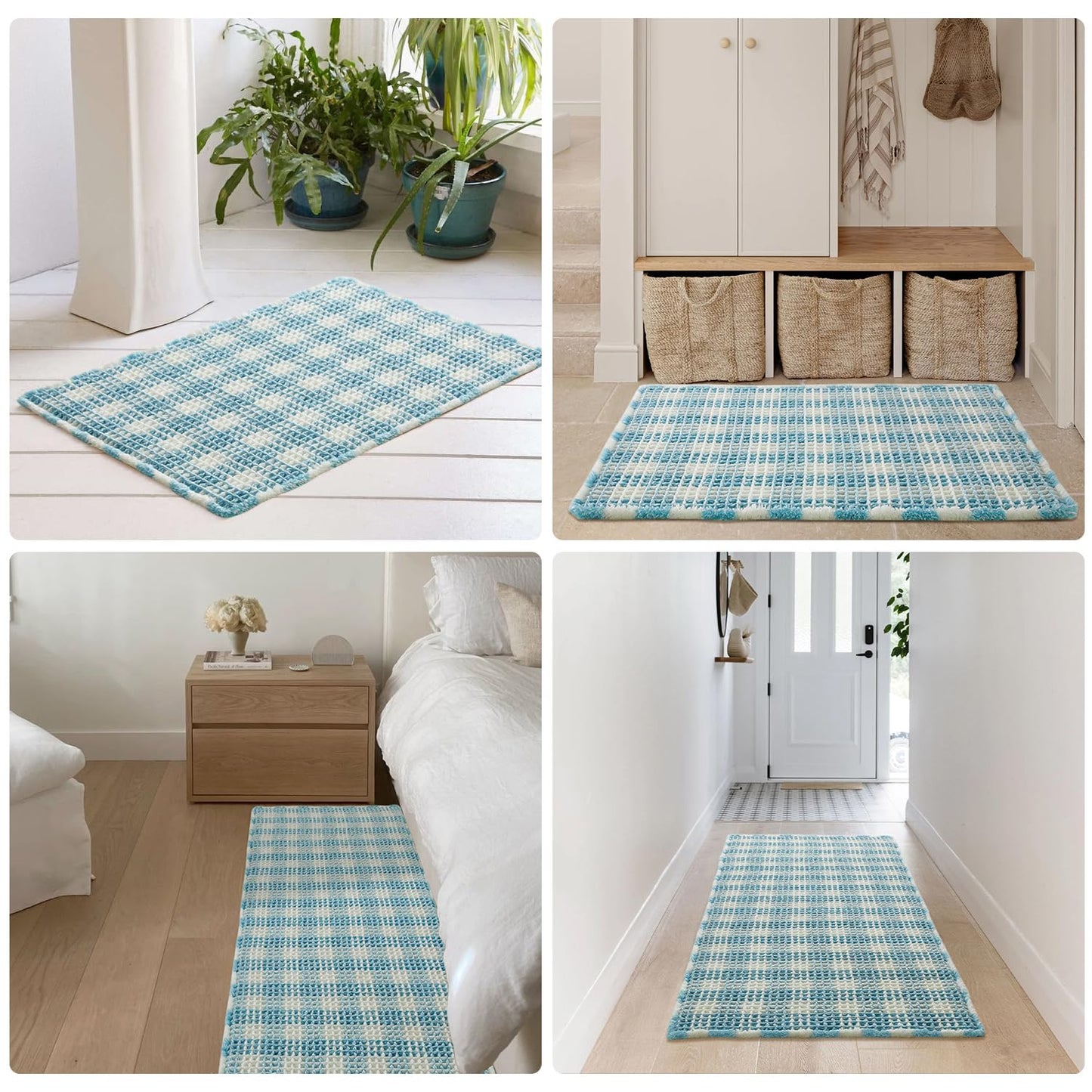 TYUU Waffle Runner Rug Bathroom, Long Boho Bathroom Rugs Non Slip Washable Absorbent Checkered Bathroom Mat Quick Dry Cute Bath Mat, 60"x24" Blue and White