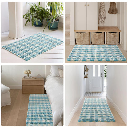 TYUU Waffle Runner Rug Bathroom, Long Boho Bathroom Rugs Non Slip Washable Absorbent Checkered Bathroom Mat Quick Dry Cute Bath Mat, 60"x24" Blue and White