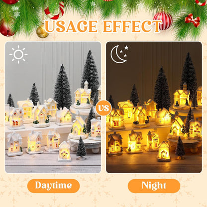Vinsot 26-Piece Resin Winter Miniature Village Set - Light-Up LED Houses & Pine Trees Decor