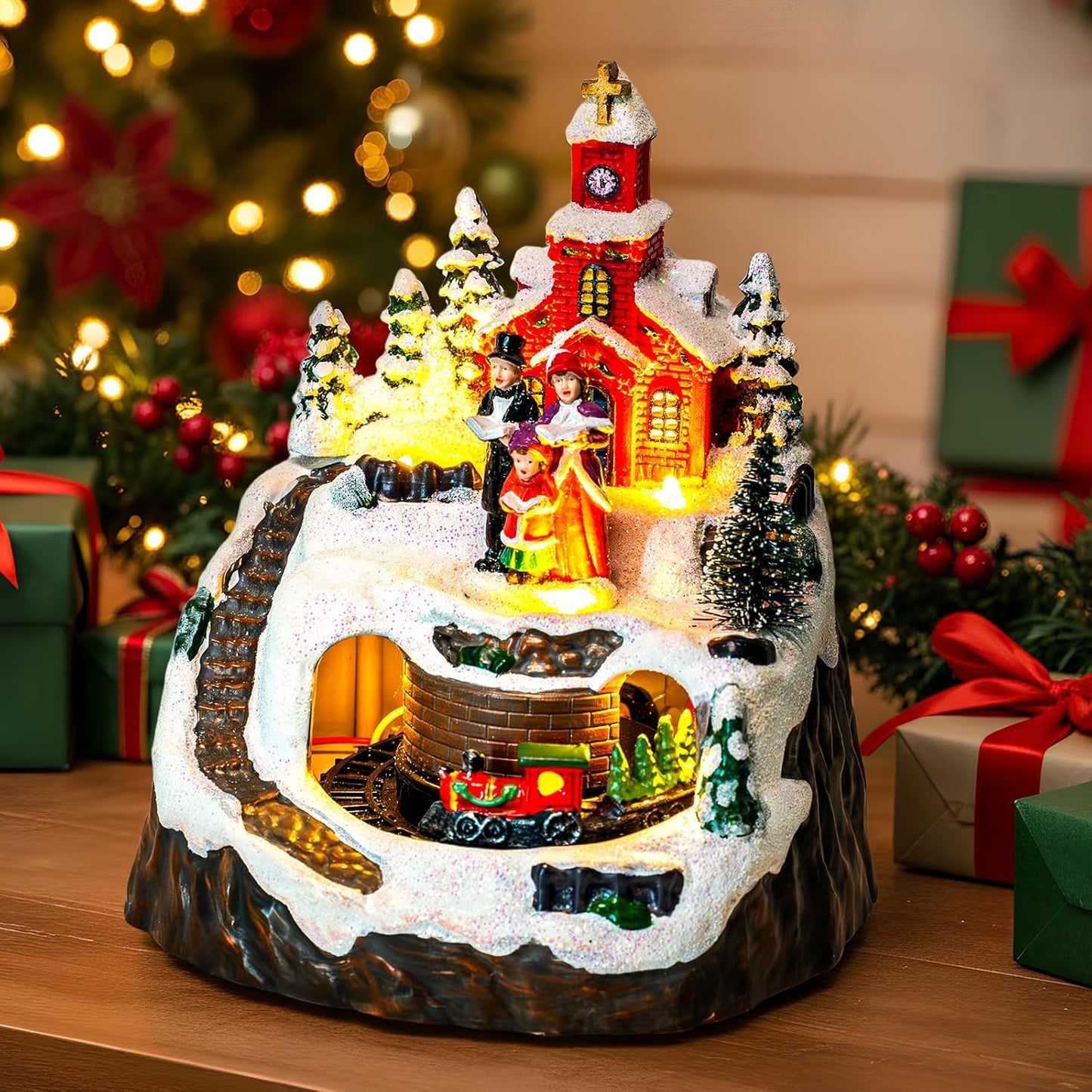 MXwcy Animated Christmas Village Decoration - Lighted Church Choir & Moving Train | Holiday Centerpiece
