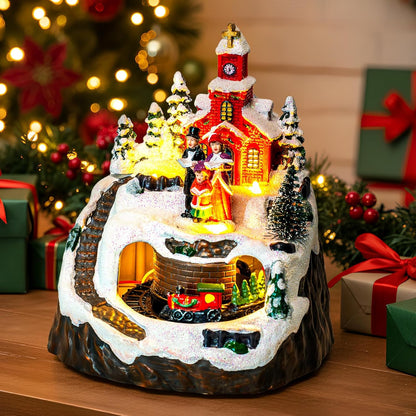MXwcy Animated Christmas Village Decoration - Lighted Church Choir & Moving Train | Holiday Centerpiece