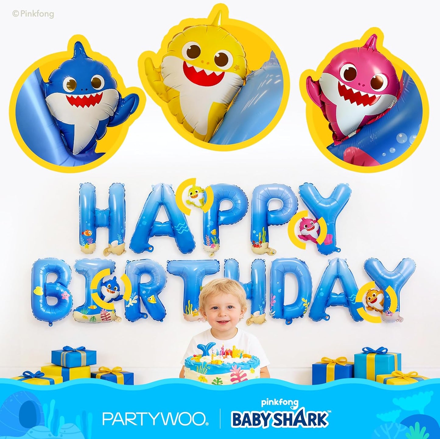 PartyWoo Baby Shark Blue Happy Birthday Banner - 16 Inch Mylar Foil Letter Balloons for Kids