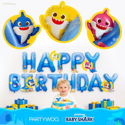 PartyWoo Baby Shark Blue Happy Birthday Banner - 16 Inch Mylar Foil Letter Balloons for Kids
